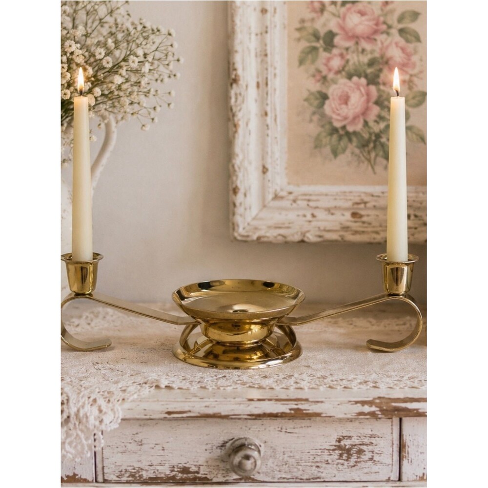 Vintage Metal Glow Brass 3 Arm Candle Holder Centerpiece USA Made Shabby Chic